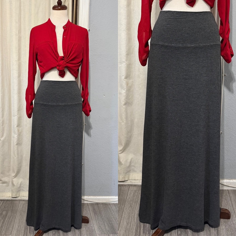 Bohemian Gray Maxi Skirt M Fold Over Waist Jersey Knit Made in USA Stretch Comfy